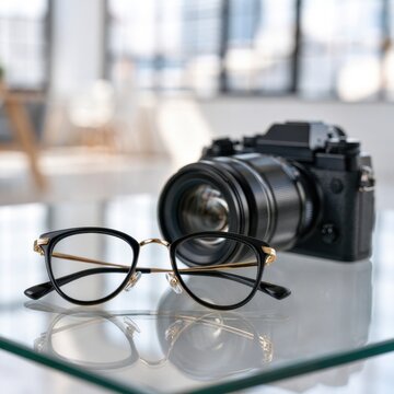 Elegant black and gold eyeglasses resting on a glass table with a vintage professional camera in the softly blurred bright studio background
