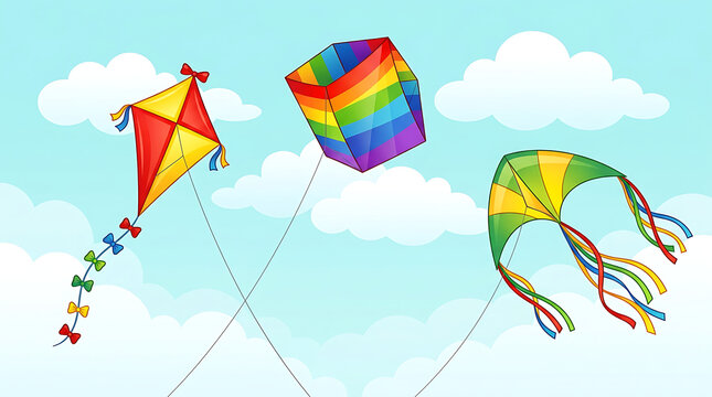 Colorful cartoon kites flying high in the blue sky with clouds vector