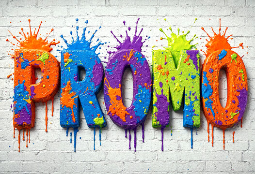 Colorful paint splatter effect spelling promo on a white brick wall background perfect for advertising