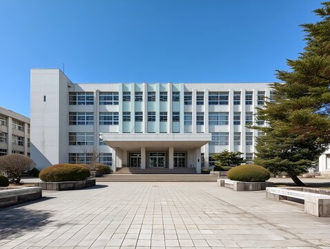 青空の下に建つ清潔感のある白い校舎と美しく整えられた植栽がある中学校や高校の風景