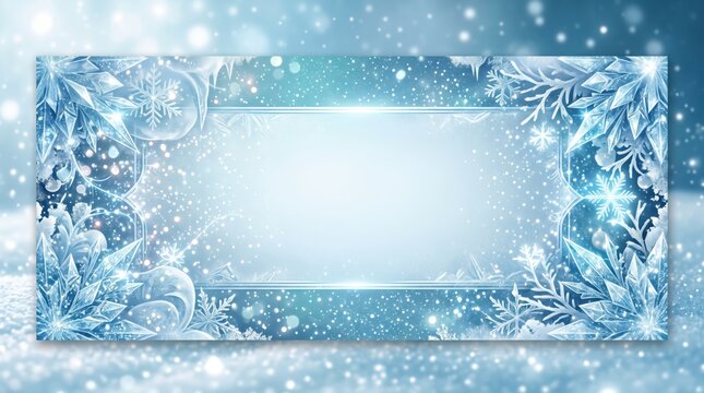 Winter frost background with ice crystals, blue holiday banner with snowflakes, elegant frozen frame for seasonal greetings