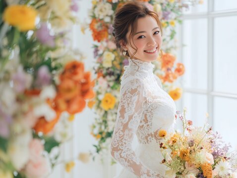 色鮮やかな花々に囲まれて幸せそうに微笑むレースのウェディングドレスを着た美しい女性