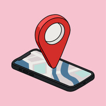 Red navigation pin on mobile phone displaying map during daytime concept for location services