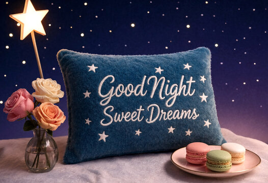 Cozy good night sweet dreams pillow with macarons and roses on a starry background scene