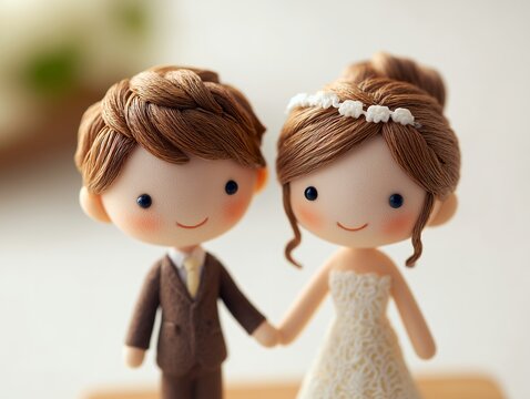 結婚式の衣装を着て手をつなぎ笑顔で見つめ合う可愛い粘土細工のカップルのドールフィギュア