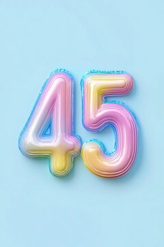 Anniversary celebratory number forty five made from pastel colorful air balloons on blue surface.