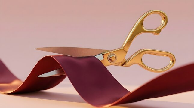 Golden scissors cutting a ribbon on a soft background