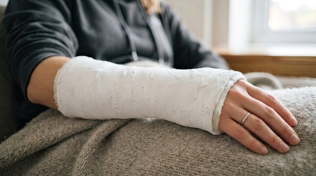 A person with a cast on their arm, sitting on a couch with a blanket.