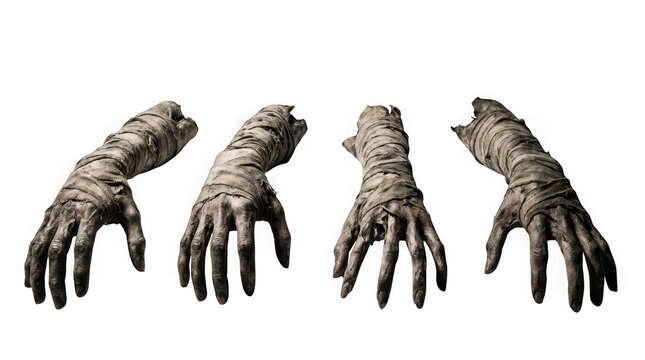 Set of four scary mummy arms with bandages isolated on transparent background
