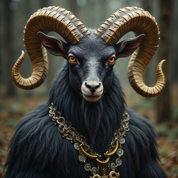 The image shows a close-up of an anthropomorphic creature that combines the features of a black goat (or ram) and a human