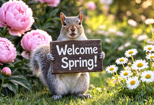 Cute squirrel holding a wooden welcome spring sign surrounded by blooming flowers in garden