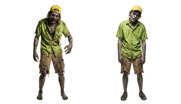 Two scary zombies in casual clothes isolated on transparent background