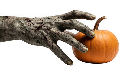 Fototapeta premium Scary zombie hand reaching for a pumpkin isolated on transparent background