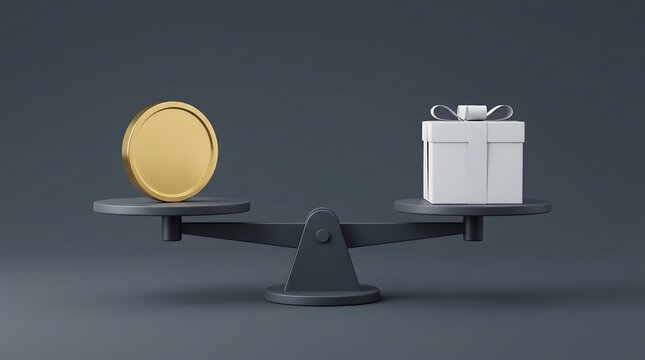 Balancing coin and gift box on a scale concept image