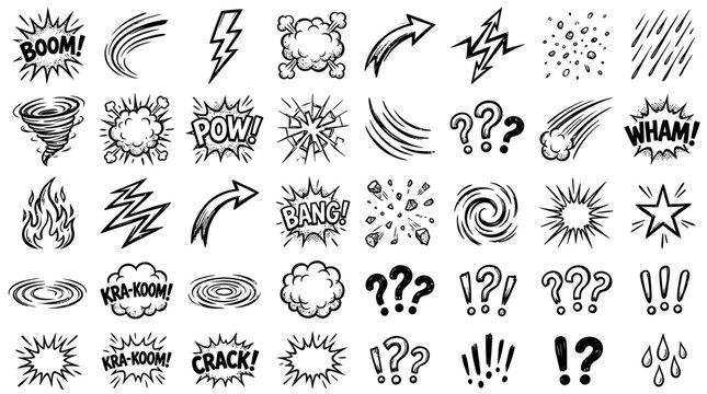Comic book style vector graphic elements featuring various explosion sound effects and dynamic action motion shapes