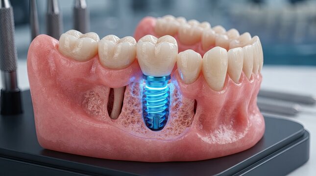 A dental implant model with a blue light shining through it.