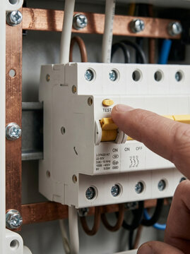 Extreme Close Up View of Electrician Finger Pressing Test Button on Residual Current Circuit Breaker RCD Switch in Electrical Panel Box