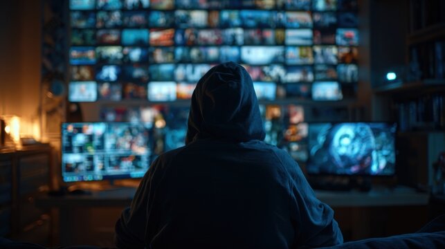 Person in a dark hoodie facing multiple illuminated screens displaying various digital content, symbolizing cybersecurity, hacking, or digital surveillance themes