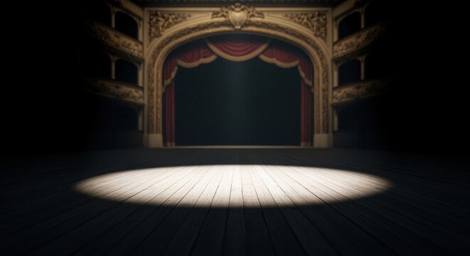 Moody image of a classical drama stage with wooden floor spotlight effect and vintage proscenium arch.