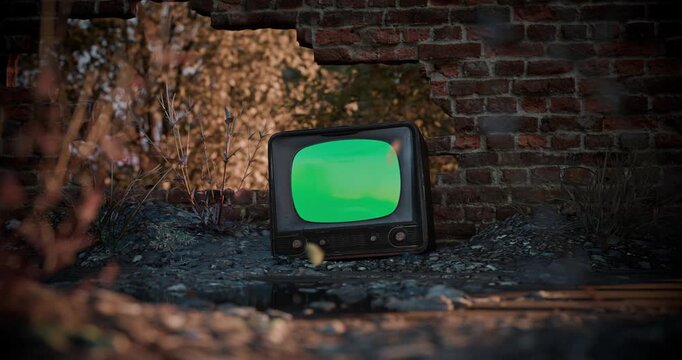 Vintage TV green screen with noise effect mockup in an abandoned post-apocalyptic ruin. Looped video