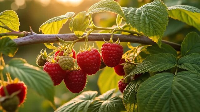 Ripe Raspberries Growing on a Bush in Golden Hour Sunlight