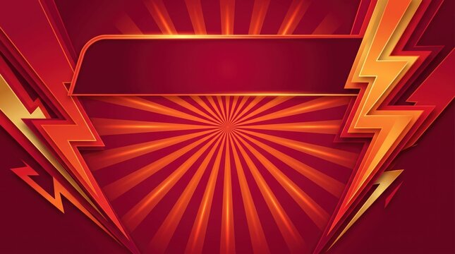 Comic style red background with lightning bolts. Superhero sunburst frame for text. Action movie poster backdrop with gold accents.