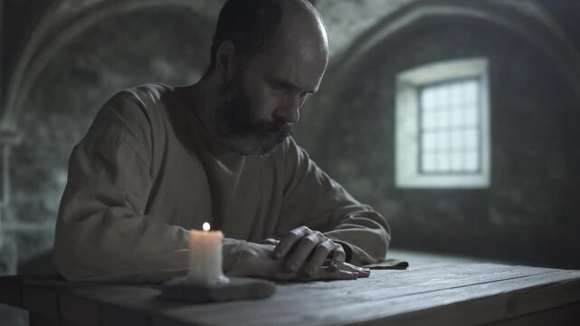 Bearded medieval prisoner scratching his arm, looking down and raising a wary look aside while sitting at a rough wooden table next to a solitary burning candle, inside a stone room
