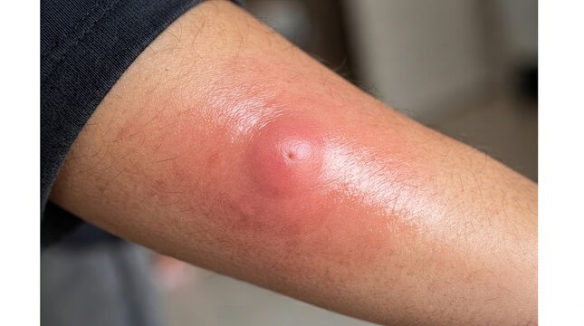 A person's arm with a red, swollen, and tender bump on the elbow.