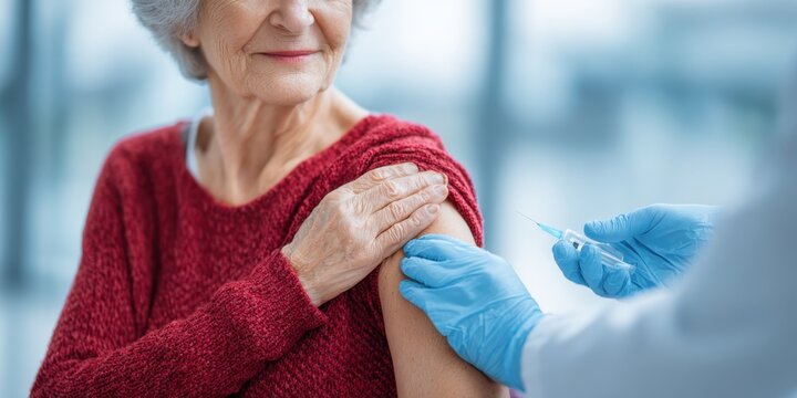 Doctor making medical drug injection or anti covid shot to disabled senior woman. Smiling elderly grandmother receiving a vaccine. Elder lady getting vaccination. Old people get inoculation. Flu, pox