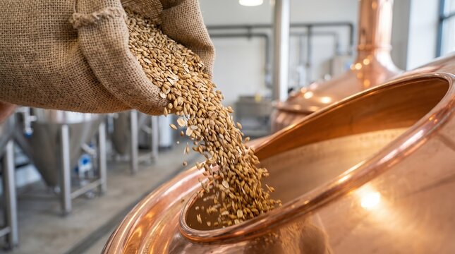 A person in work clothes pours grains from a burlap sack into a large copper brewing vessel. The setting is a brewery with equipment in the background