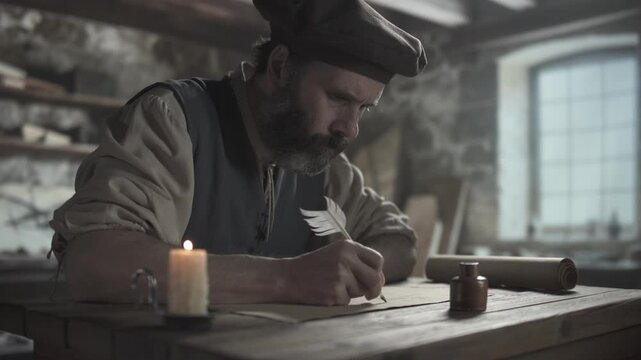 Medieval master writing text with a quill pen on a geometric drawing while sitting near a candle and an inkpot at a rough wooden table inside a workshop with stone walls
