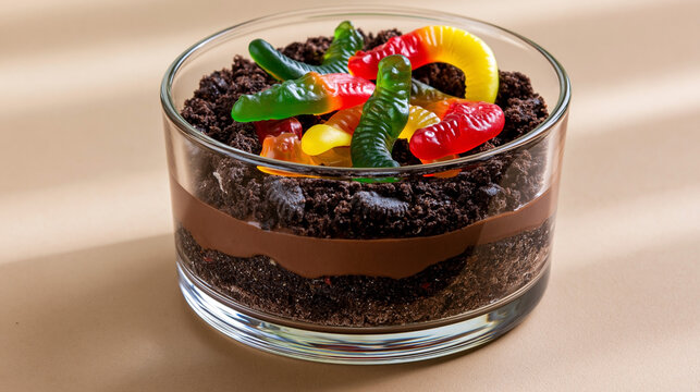 Chocolate dirt cake dessert garnished with gummy worms served in a clear bowl, close-up