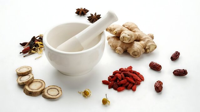 Assorted dried herbs, spices, and ingredients on a neutral background