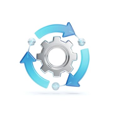 Metallic gear icon with blue circular arrows for business process