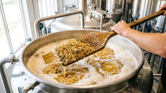 A person is adding grains to the mash kettle in a craft brewery. The scene shows bubbling liquid and brewing equipment. Sunlight enters through large windows