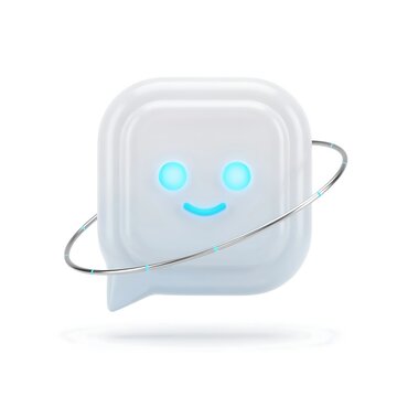 3D render of a cute AI chatbot speech bubble icon with glowing eyes
