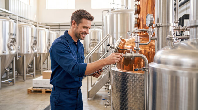 A man in work clothes checks the equipment in a distillery. He stands near copper stills and stainless steel tanks in a spacious area with good lighting