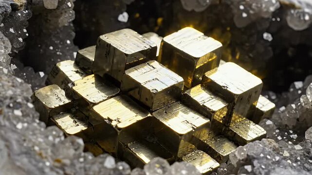 Macro close-up of golden cubic pyrite crystals embedded within a geode with sparkling quartz