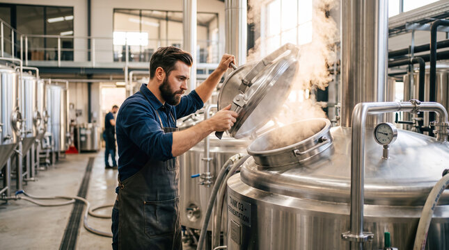 A man in work clothes inspects a brewing tank in a large facility. Steam escapes from the tank as he opens the lid. People work in the background