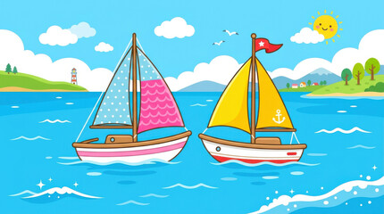 Naklejka premium Colorful sailboats racing on blue ocean