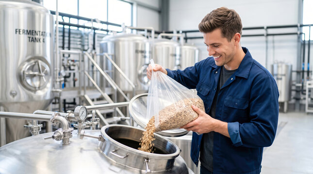 A man is adding grains from a bag into a fermentation tank in a large brewing facility. Metal tanks fill the background with bright lights shining from above