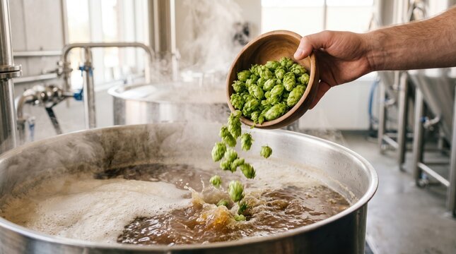 A person pours fresh hops into a large kettle filled with boiling wort at a brewery. Steam rises as the brewing process takes place during the day