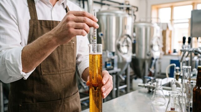 In a brewing lab, a person in an apron holds a syringe over a graduated cylinder. The liquid inside the cylinder is a light color. Equipment is visible in the background