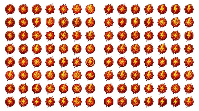 Fantasy game icons set, 80 red lightning bolt energy orbs, magic power-up skill buttons for mobile RPG interface