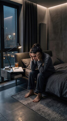 Fototapeta premium Woman sitting on bed feeling depressed and lonely in bedroom at night. Mental health struggle, sad mood, emotional pain, isolation and stress concept. Dark room with rainy window.