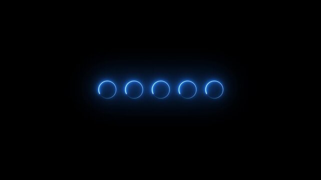 Glowing neon loading 5 dots animation with circular progress indicator for user interface, buffering and processing