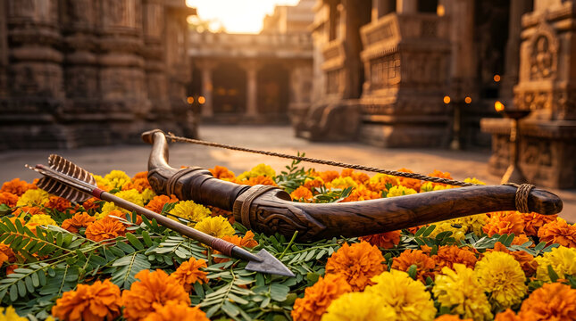 Victory Bow and Arrow: Traditional Wooden Dhanush on Marigold Shami Leaves
