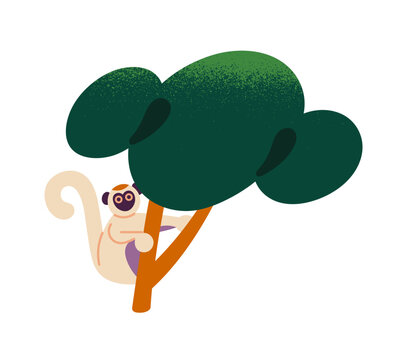 Baby lar gibbon sits on tree. Cute monkey has a rest on branch. Tropical animal relaxes in jungle. Rainforest primate. Funny wildlife of exotic woodland. Flat isolated vector illustration on white