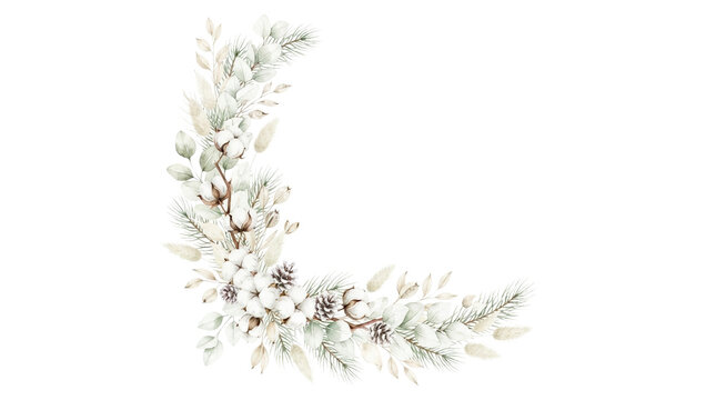 Watercolor winter floral wreath with cotton bolls and pine branches. Elegant frosted botanical frame for wedding invitations and seasonal holiday cards.