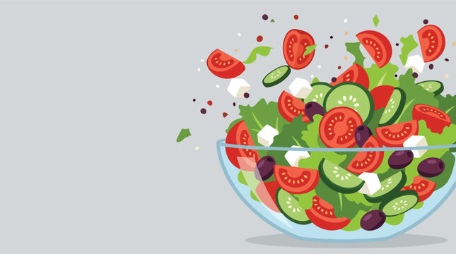 Fresh greek salad bowl with flying vegetables and feta cheese flat vector illustration for healthy meal plan marketing